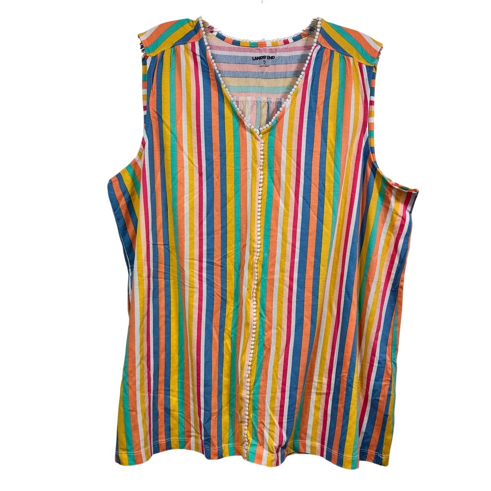 Lands End Womens XL Multicolor Striped Sleeveless V-Neck Pom Pom Trim Top Tank